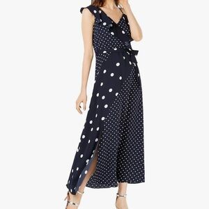 Bar III - Navy/White Polka Dot Off-Shoulder Dress With Tie At Waist- Medium